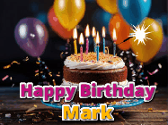 Happy Birthday Mark GIF: A birthday cake with flickering candles gif with text reading Happy Birthday and a Name slot to customize