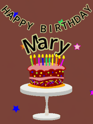 Happy Birthday Mary GIF: Animated birthday gif of a chocolate cartoon cake and stars. Animated text can be customized with name.