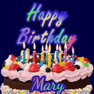 Happy Birthday Mary GIF: A dark blue birthday gif with a beautiful cake with flickering candles, background sparkles and a name to customize.