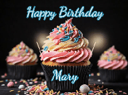 Happy Birthday Mary GIF: A delicious cupcake gif with animated sparkles reading Happy Birthday with a name to customize