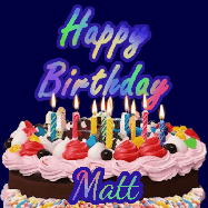 Happy Birthday Matt GIF: A dark blue birthday gif with a beautiful cake with flickering candles, background sparkles and a name to customize.
