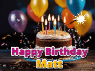 Happy Birthday Matt GIF: A birthday cake with flickering candles gif with text reading Happy Birthday and a Name slot to customize