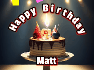 Happy Birthday Matt GIF: Animated happy birthday gif with a cake and flickering candles with colorful falling confetti and text reading Happy Birthday