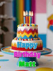 Happy Birthday Matt GIF: A colourful birthday cake gif with flickering candles a confetti bursting out, reads Happy Birthday Name