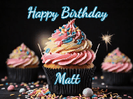 Happy Birthday Matt GIF: A delicious cupcake gif with animated sparkles reading Happy Birthday with a name to customize