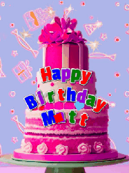 Happy Birthday Matt GIF: A big beautiful birthday cake gif with falling confetti, sparklers, and balloons, reads Happy Birthday Name. Customize it.