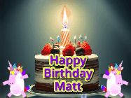 Happy Birthday Matt GIF: An animated gif with 2 unicorns and a birthday candle on a cake.