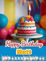 Happy Birthday Matt GIF: A birthday card gif with a cake and candle and a blue ribbon with animated sparklers. Reads Happy Birthday Name