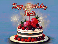 Happy Birthday Matt GIF: Animated GIF of a birthday cake covered in berries with 2 sparklers and a candle, reads Happy Birthday Name. Customize it.