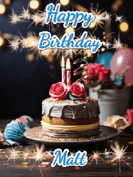 Happy Birthday Matt GIF: Sparkles and glitter happy birthday gif with a cake and flickering candles and sparklers behind the words happy birthday customize