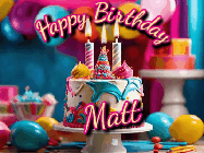 Happy Birthday Matt GIF: Animated birthday gif with a beautiful colorful birthday can and sparkles in the air. It reads Happy Birthday Customize.