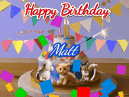 Happy Birthday Matt GIF: Happy Birthday Cake GIF with a cat, lamb, and squirrel on the cake with flickering candles, a sparkler, and falling confetti. Reads Happy Birthday Name and you can customize the name