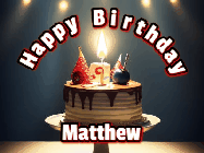Happy Birthday Matthew GIF: Animated happy birthday gif with a cake and flickering candles with colorful falling confetti and text reading Happy Birthday