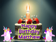 Happy Birthday Matthew GIF: An animated gif with 2 unicorns and a birthday candle on a cake.
