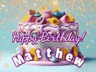 Happy Birthday Matthew GIF: A beautiful birthday cake gif with animated sparkles and glitter Happy Birthday Name you can customize