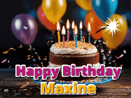 Happy Birthday Maxine GIF: A birthday cake with flickering candles gif with text reading Happy Birthday and a Name slot to customize