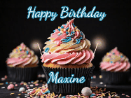 Happy Birthday Maxine GIF: A delicious cupcake gif with animated sparkles reading Happy Birthday with a name to customize