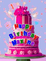 Happy Birthday Maxine GIF: A big beautiful birthday cake gif with falling confetti, sparklers, and balloons, reads Happy Birthday Name. Customize it.