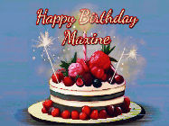 Happy Birthday Maxine GIF: Animated GIF of a birthday cake covered in berries with 2 sparklers and a candle, reads Happy Birthday Name. Customize it.