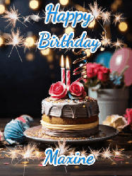 Happy Birthday Maxine GIF: Sparkles and glitter happy birthday gif with a cake and flickering candles and sparklers behind the words happy birthday customize