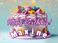 Happy Birthday Maxine GIF: A beautiful birthday cake gif with animated sparkles and glitter Happy Birthday Name you can customize