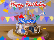 Happy Birthday Maxine GIF: Happy Birthday Cake GIF with a cat, lamb, and squirrel on the cake with flickering candles, a sparkler, and falling confetti. Reads Happy Birthday Name and you can customize the name