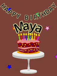 Happy Birthday Maya GIF: Animated birthday gif of a chocolate cartoon cake and stars. Animated text can be customized with name.
