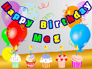 Happy Birthday Meg GIF: Animated happy birthday gif with a party balloon background, a row of cupcakes, and birthday banner to customize.