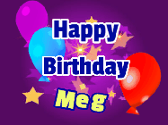 Happy Birthday Meg GIF: A lovely purple birthday gif animated with moving text, a balloon, and bubbles. Customize it.