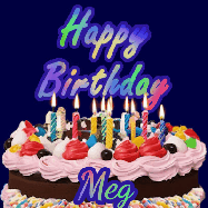 Happy Birthday Meg GIF: A dark blue birthday gif with a beautiful cake with flickering candles, background sparkles and a name to customize.