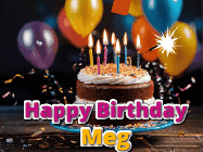 Happy Birthday Meg GIF: A birthday cake with flickering candles gif with text reading Happy Birthday and a Name slot to customize