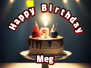Happy Birthday Meg GIF: Animated happy birthday gif with a cake and flickering candles with colorful falling confetti and text reading Happy Birthday