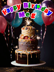 Happy Birthday Meg GIF: Beautiful birthday cake animated gif, a celebration of balloons, confetti, and sparklers. Customize banner and name.