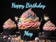 Happy Birthday Meg GIF: A delicious cupcake gif with animated sparkles reading Happy Birthday with a name to customize