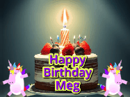 Happy Birthday Meg GIF: An animated gif with 2 unicorns and a birthday candle on a cake.