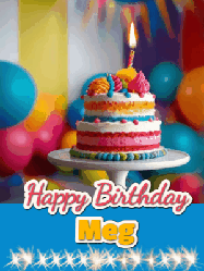 Happy Birthday Meg GIF: A birthday card gif with a cake and candle and a blue ribbon with animated sparklers. Reads Happy Birthday Name