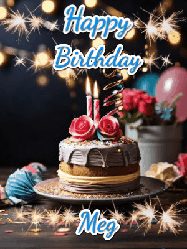 Happy Birthday Meg GIF: Sparkles and glitter happy birthday gif with a cake and flickering candles and sparklers behind the words happy birthday customize