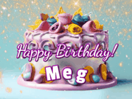 Happy Birthday Meg GIF: A beautiful birthday cake gif with animated sparkles and glitter Happy Birthday Name you can customize