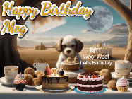 Happy Birthday Meg GIF: Animated birthday gif with a dog at a fancy birthday table loaded with cakes as hearts appear. It reads Happy Birthday Customize.