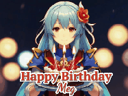 Happy Birthday Meg GIF: Anime girl holding a birthday cake and an animated sword falls into it. Text reads Happy Birthday Customize