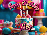 Happy Birthday Meg GIF: Animated birthday gif with a beautiful colorful birthday can and sparkles in the air. It reads Happy Birthday Customize.