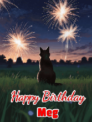 Happy Birthday Meg GIF: An animated gif at night showing the backside of a sitting cat who watches sparkle and fireworks over a meadow. Customize name and happy birthday.