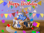 Happy Birthday Meg GIF: Happy Birthday Cake GIF with a cat, lamb, and squirrel on the cake with flickering candles, a sparkler, and falling confetti. Reads Happy Birthday Name and you can customize the name