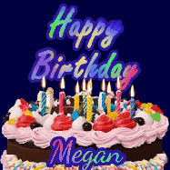 Happy Birthday Megan GIF: A dark blue birthday gif with a beautiful cake with flickering candles, background sparkles and a name to customize.