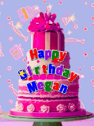 Happy Birthday Megan GIF: A big beautiful birthday cake gif with falling confetti, sparklers, and balloons, reads Happy Birthday Name. Customize it.
