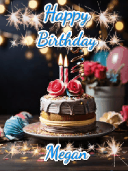 Happy Birthday Megan GIF: Sparkles and glitter happy birthday gif with a cake and flickering candles and sparklers behind the words happy birthday customize