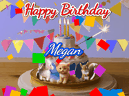 Happy Birthday Megan GIF: Happy Birthday Cake GIF with a cat, lamb, and squirrel on the cake with flickering candles, a sparkler, and falling confetti. Reads Happy Birthday Name and you can customize the name