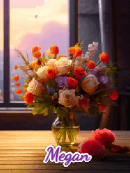 Happy Birthday Megan GIF: A vase of flowers and animated hearts pop in and out as the words Happy Birthday Name appears that you can customize