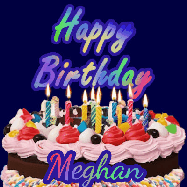 Happy Birthday Meghan GIF: A dark blue birthday gif with a beautiful cake with flickering candles, background sparkles and a name to customize.