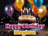 Happy Birthday Meghan GIF: A birthday cake with flickering candles gif with text reading Happy Birthday and a Name slot to customize